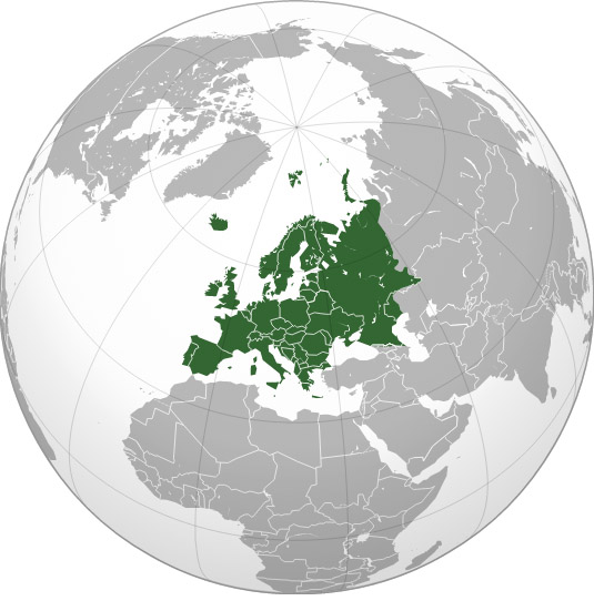 "Europe orthographic Caucasus Urals boundary (with borders)" by Rob984 - Derived from File:Europe orthographic Caucasus Urals boundary.svg and File:Europe on the globe (red).svg.. Licensed under CC BY-SA 4.0 via Commons - https://commons.wikimedia.org/wiki/File:Europe_orthographic_Caucasus_Urals_boundary_(with_borders).svg#/media/File:Europe_orthographic_Caucasus_Urals_boundary_(with_borders).svg