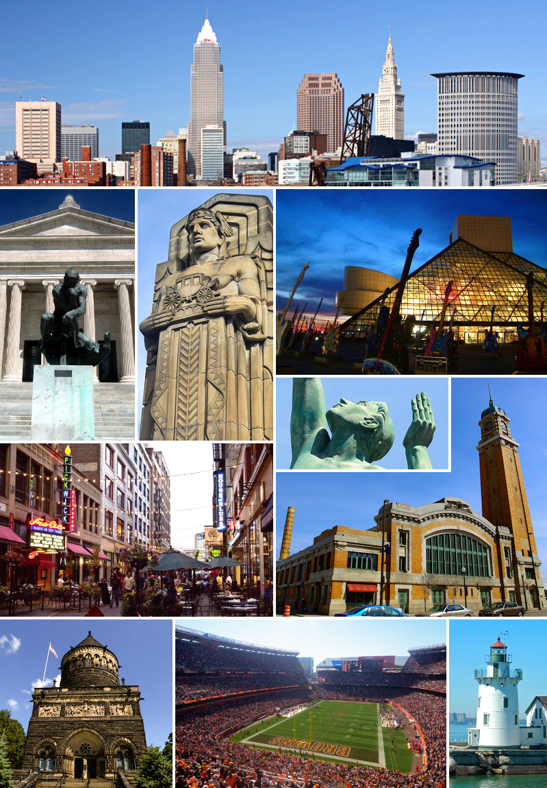 By Montage by Levdr1lp - Montage of photos available on Wikimedia Commons (clockwise from top):File:DowntownCleveland.jpg by User:NammoumjFile:Rock Hall (blue).jpg by Jeff FutoFile:Fountain of Enternal Life statue 2014.jpg by Erik DrostFile:West Side Market Pearl Entrance ( 02 ).jpg by User:JaraxleFile:Cleveland West Pierhead Light, Cleveland, OH.jpg by User:KuyacmhFile:FirstEnergy Stadium 2014.jpg by Erik DrostFile:James A. Garfield Monument.jpg by User:Onativia1File:E. 4th Street.jpg by Edsel LittleFile:Cleveland Museum of Art south entrance 2012.jpg by Erik DrostFile:Guardian of Traffic full 2015.jpg by Erik Drost, CC BY 2.0, https://commons.wikimedia.org/w/index.php?curid=50219725